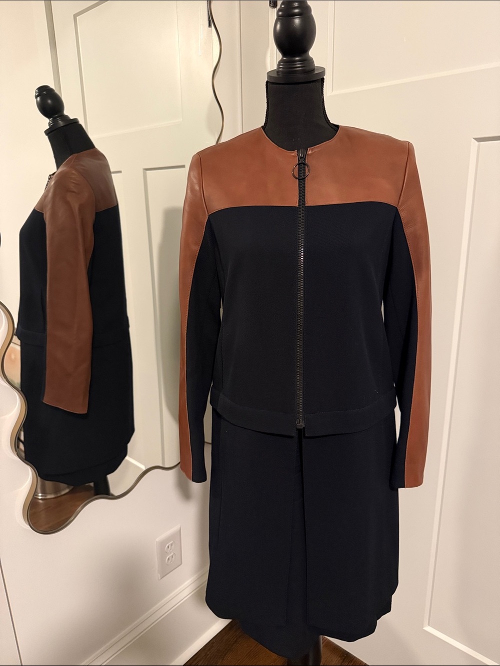 Akris Punto Black and Brown Leather Zip-Front Leather-Trim Dress & Jacket